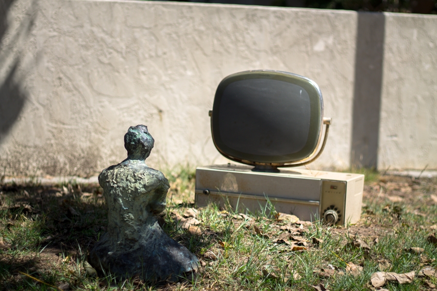 photo of Nam June Paik's 1968 installation of "Something Pacific" installed in front of the Communication department