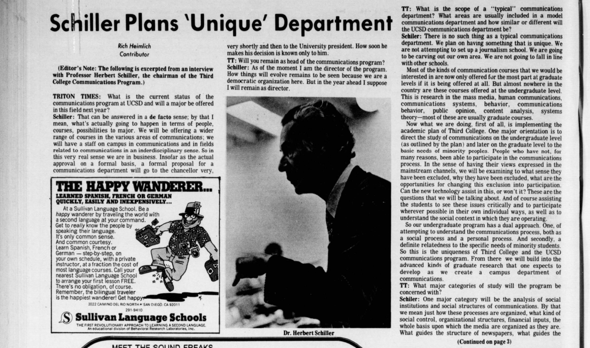 newspaper clipping from 1970s UCSD Triton with headline reading "Schiller plans new department"