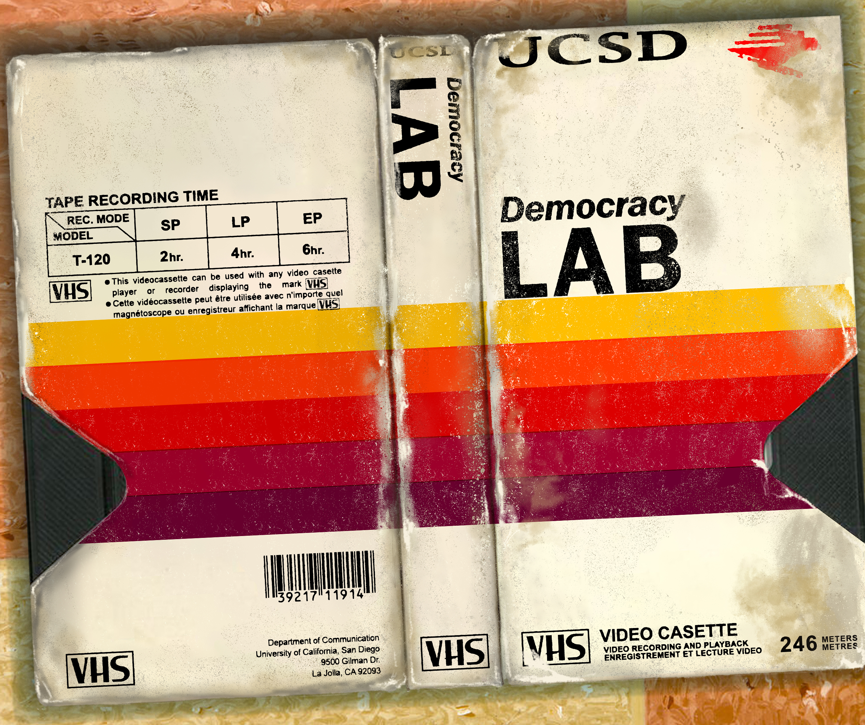 Vintage 80s blank VHS with "UCSD DEmocracy Lab" replacing original text