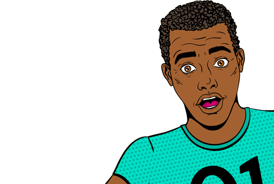 comic drawing of a dark skinned masculine presenting person with black hair and a turquoise shirt looking surprised or confused