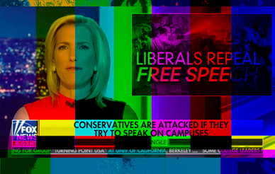 screenshot of a Fox News pundit with TV color bars layered over