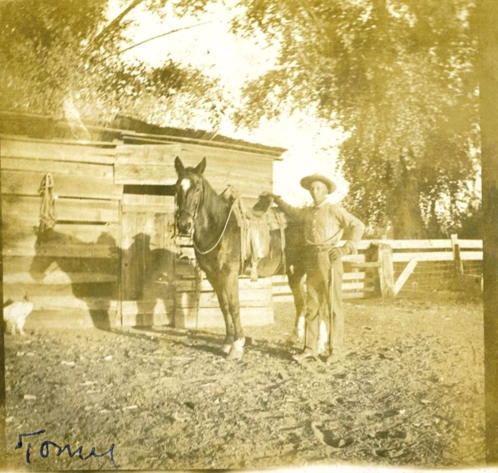 antique sepia toned photo of African man in farm clothes in front of a wagon