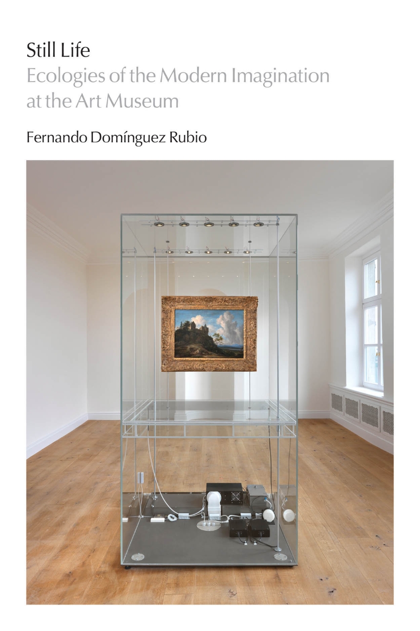 Book cover showing a landscape painting in an environment controlled glass case in a musem