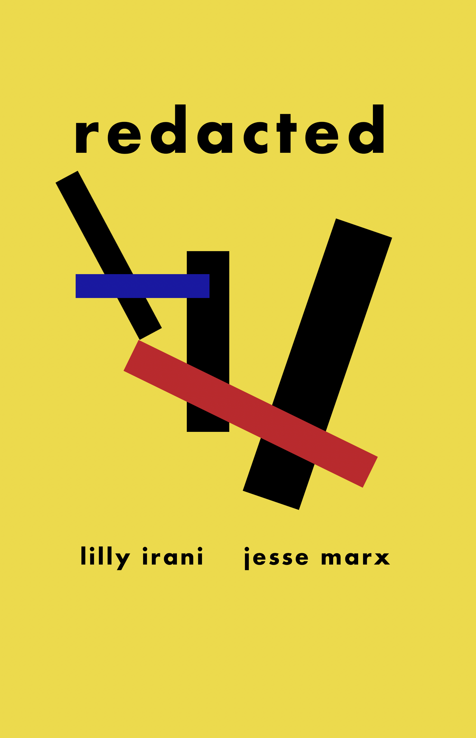 Cover of Irani's book Redacted: bright yellow with red, black, and blue modern shape art 